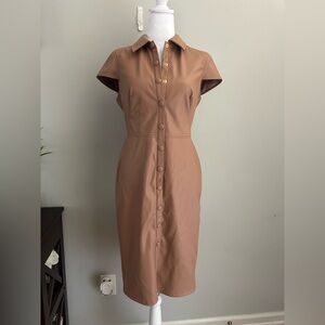 Calvin Klein Professional Business Faux Leather Shirt Dress Snap Closure Tan 4